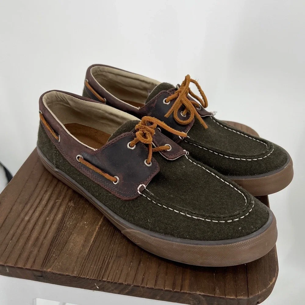 Sperry Top-Sider Bahama II Mens 12 Olive Green Wool Leather Boat Shoes STS18119